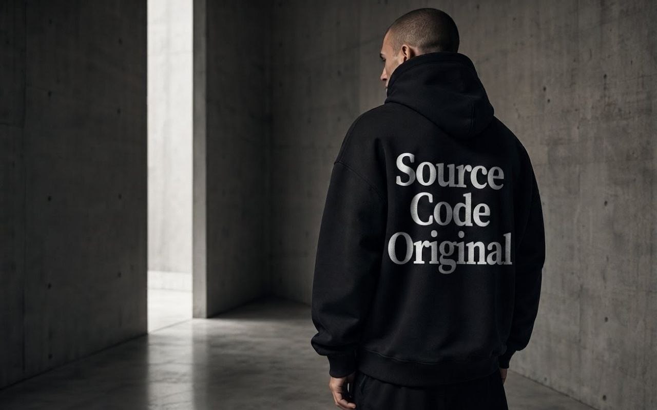 Source Code Original black hoodie in a concrete space